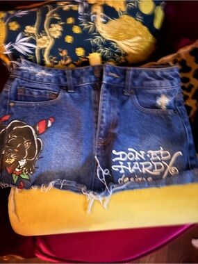 Ed Hardy Blue Denim Mini Skirt with Graphic Patch